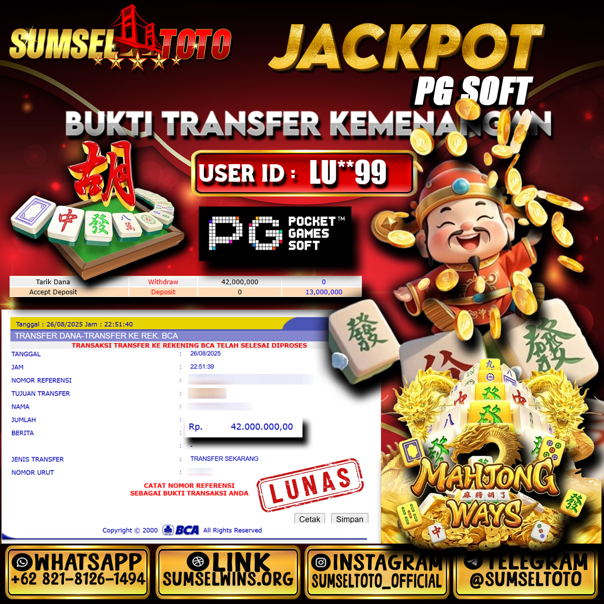 SUMSELTOTO JACKPOT SLOT MAHJONG WAYS Rp.42,000,000.,- LUNAS