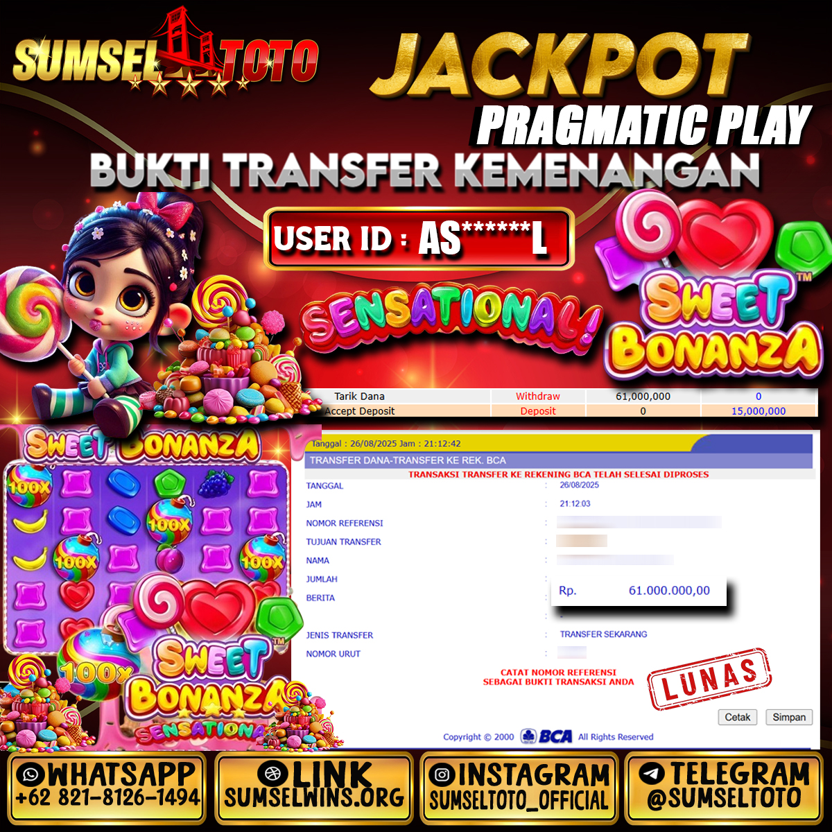 SUMSELTOTO JACKPOT SLOT SWEET BONANZA Rp.61,000,000.,- LUNAS