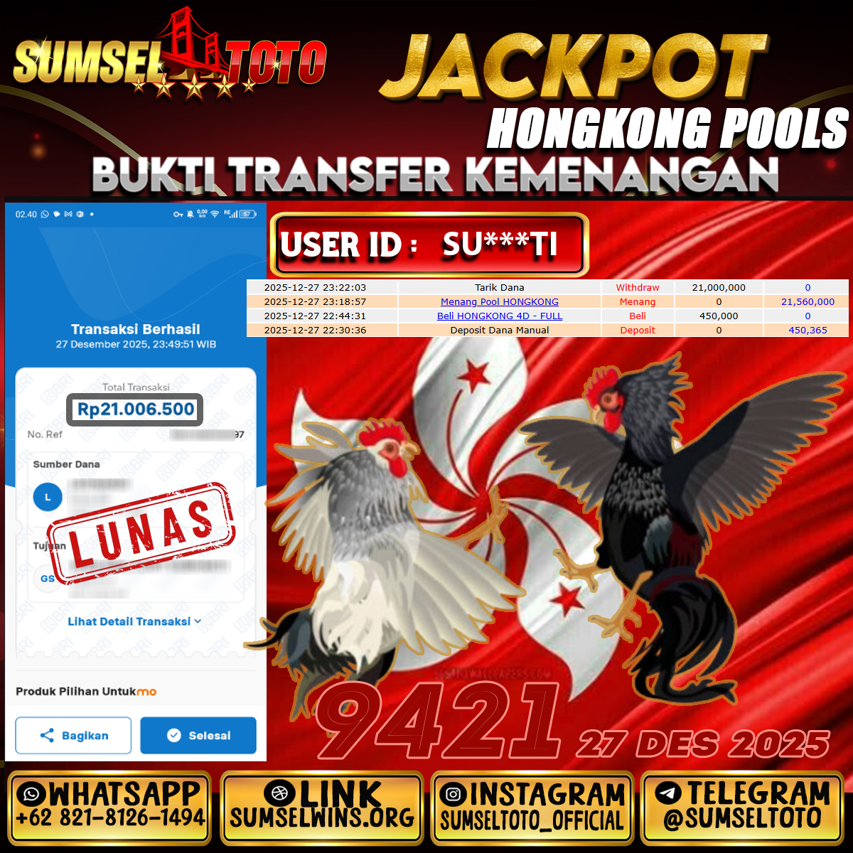 SUMSELTOTO JACKPOT HONGKONG POOLS GAMES Rp.21,000,000.,- LUNAS