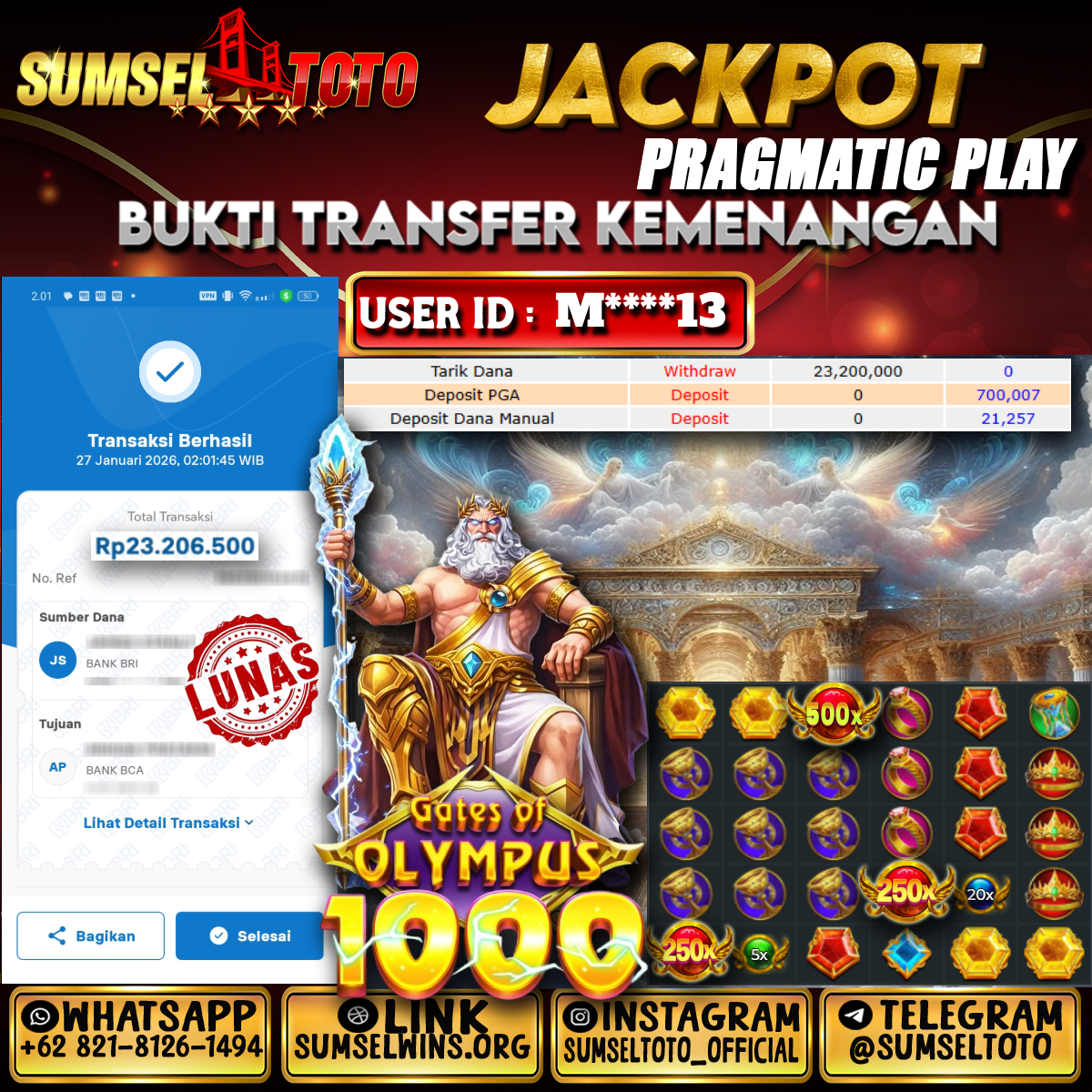 SUMSELTOTO JACKPOT SLOT GATES OF OLYMPUS 1000 Rp.32,200,000.,- LUNAS