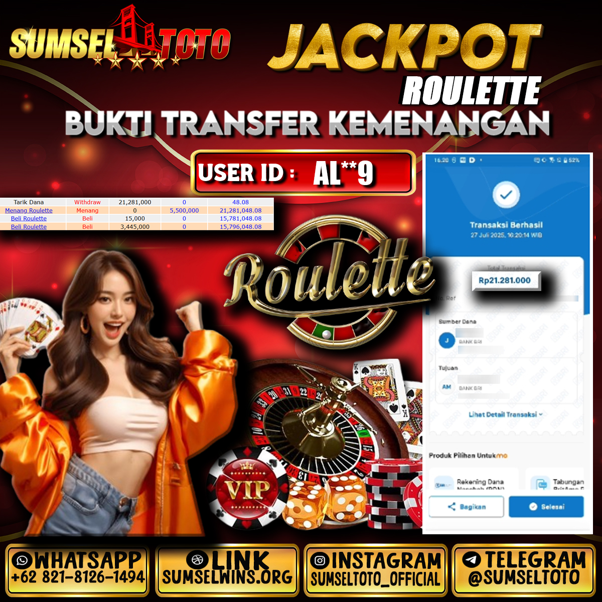 SUMSELTOTO JACKPOT ROULETTE  Rp.21,281,000.,- LUNAS