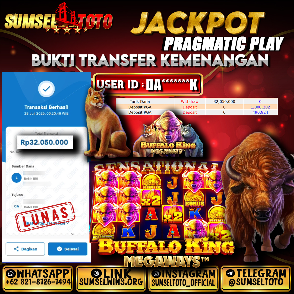 SUMSELTOTO JACKPOT SLOT BUFFALO KING MEGAWAYS Rp.32,050,000.,- LUNAS