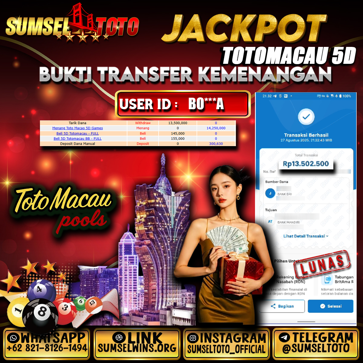 SUMSELTOTO JACKPOT TOGEL TOTO MACAU 5D Rp.13,500,000.,- LUNAS