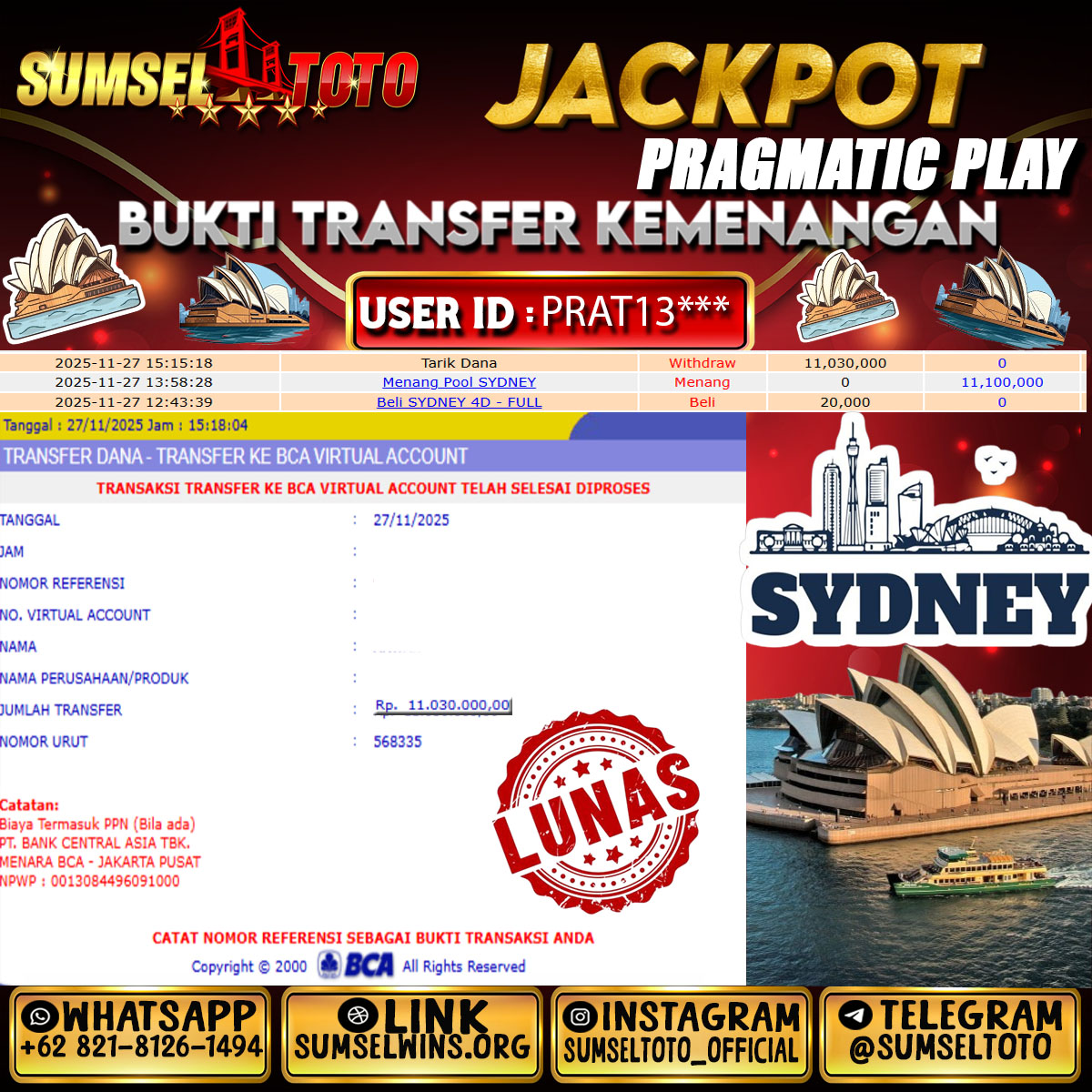 SUMSELTOTO JACKPOT TOGEL SYDNEY POOLS Rp.11,030,000.,- LUNAS