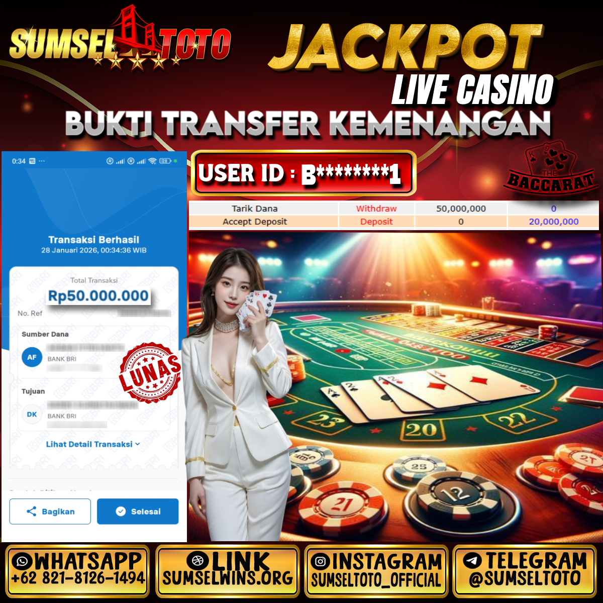 SUMSELTOTO JACKPOT BACCARAT Rp.50,000,000.,- LUNAS