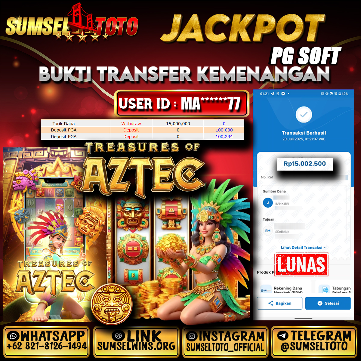 SUMSELTOTO JACKPOT SLOT TREASURE OF AZTEC Rp.15,000,000.,- LUNAS