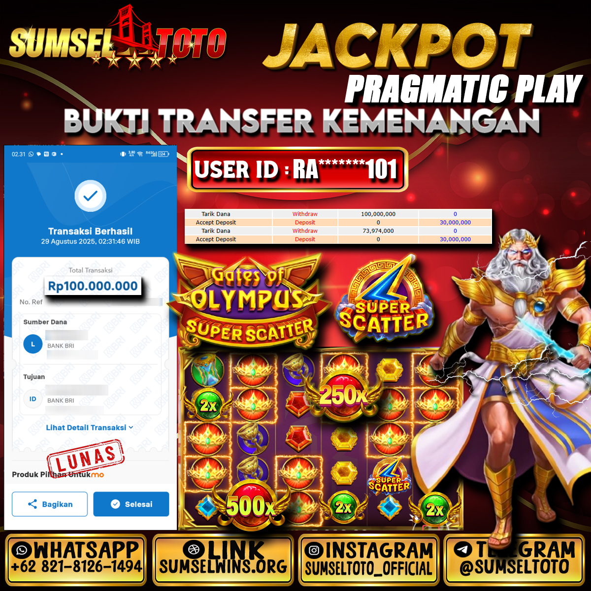 SUMSELTOTO JACKPOT SLOT GATES OF OLYMPUS SUPER SACATTER Rp.100,000,000.,- LUNAS