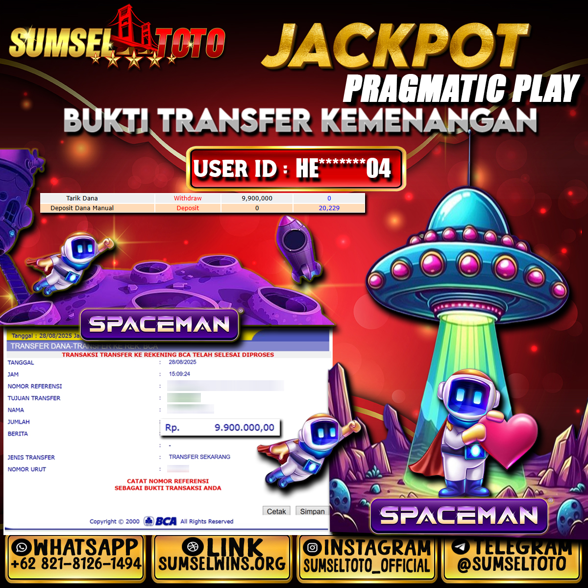 SUMSELTOTO JACKPOT SLOT SPACEMAN 1000 Rp.9,900,000.,- LUNAS
