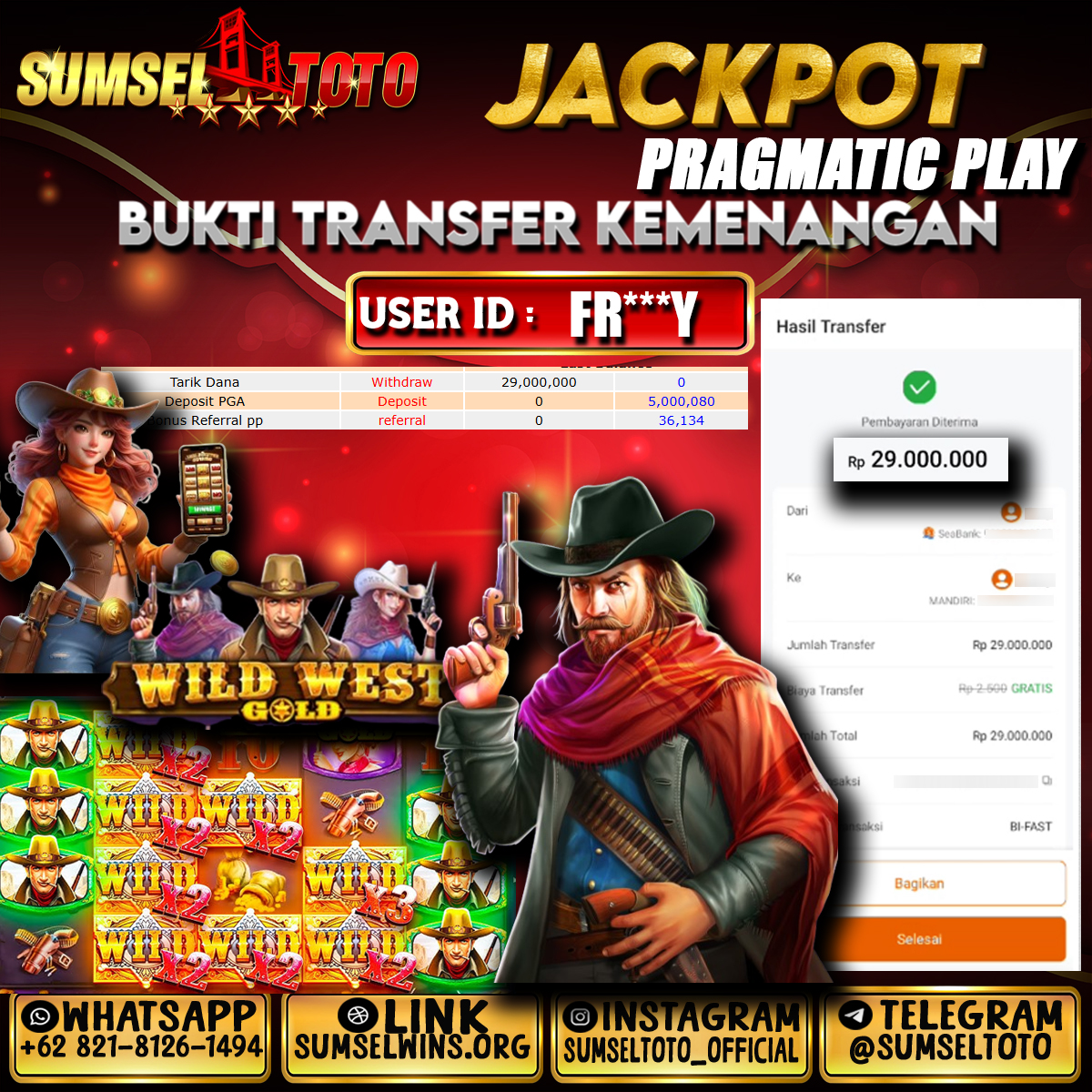 SUMSELTOTO JACKPOT SLOT WILD WEST GOLD Rp.29,000,000.,- LUNAS