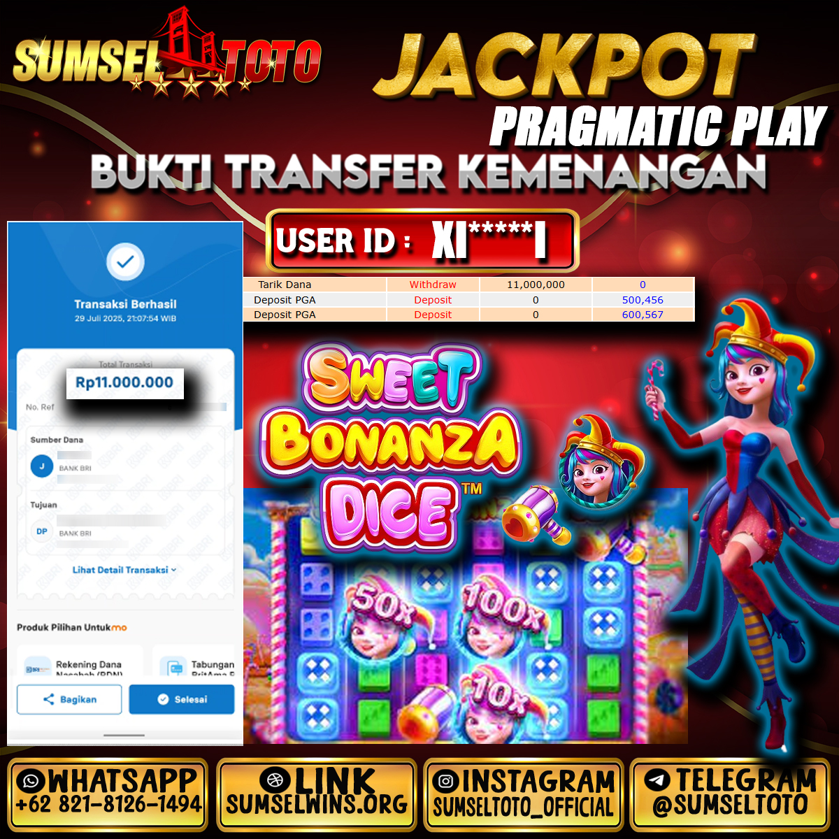 SUMSELTOTO JACKPOT SLOT SWEET BONANZA DICE Rp.11,000,000.,- LUNAS