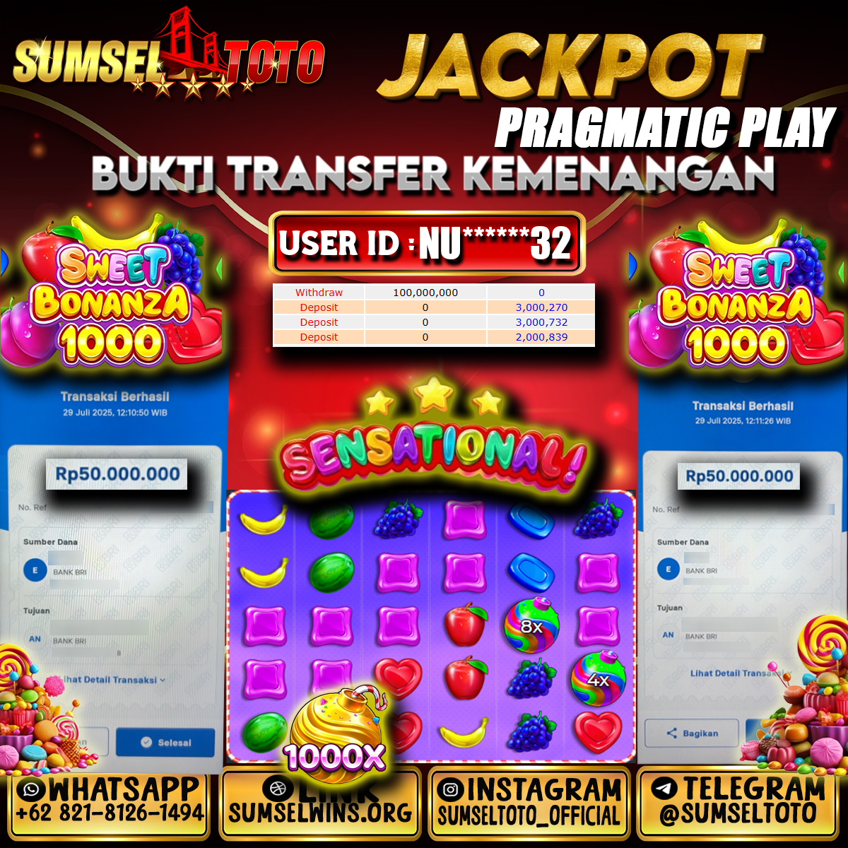 SUMSELTOTO JACKPOT SLOT SWEET BONANZA X1000 Rp.100,000,000.,- LUNAS