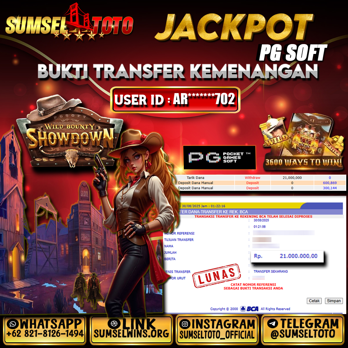 SUMSELTOTO JACKPOT SLOT WILD BOUNTY SHOWDOWN Rp.21,000,000.,- LUNAS