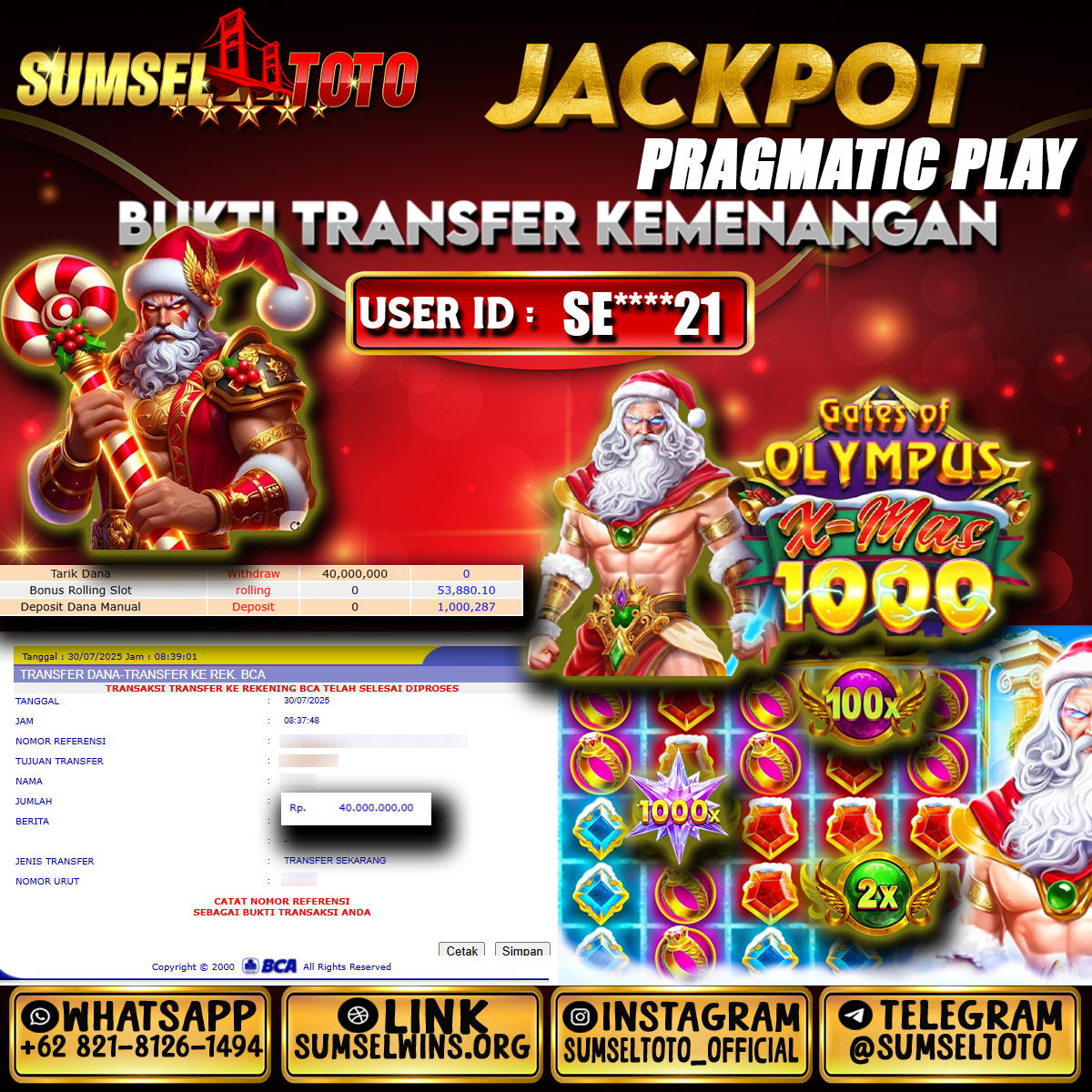 SUMSELTOTO JACKPOT SLOT GATES OF OLYMPUS X-MAS 1000 Rp.40,000,000.,- LUNAS