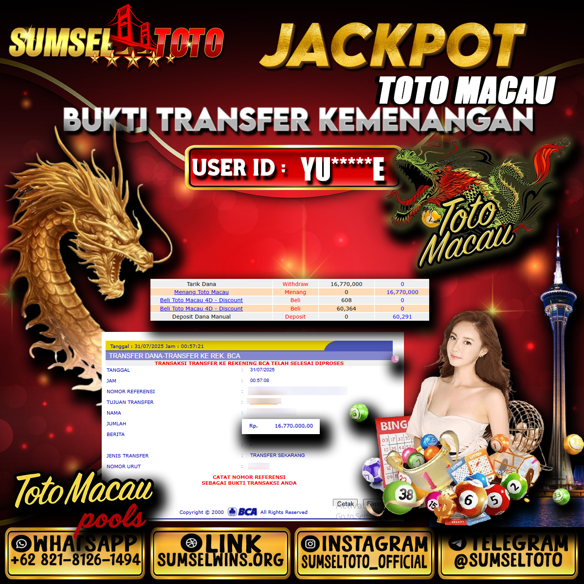 SUMSELTOTO JACKPOT TOGEL TOTO MACAU Rp.16,770,000.,- LUNAS