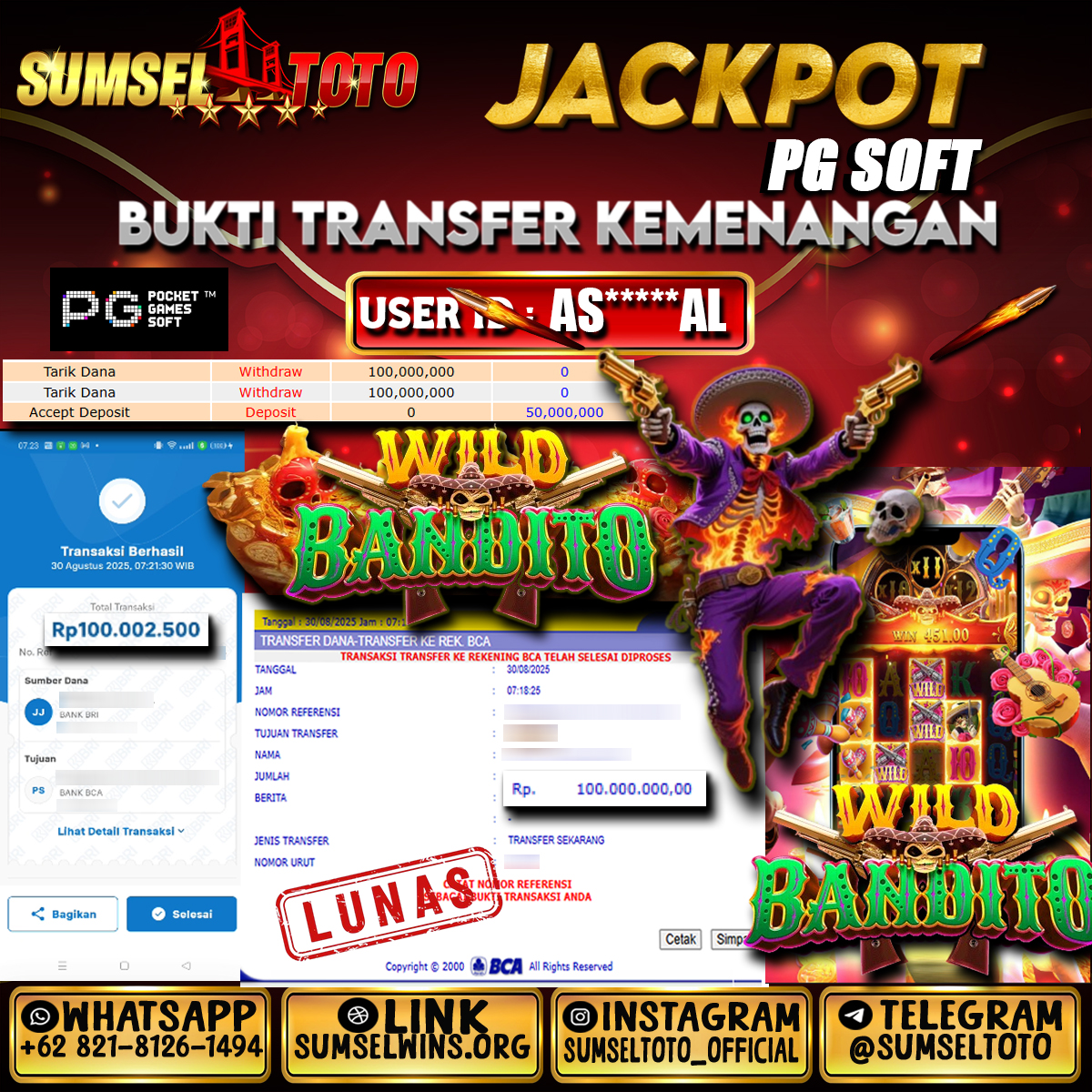 SUMSELTOTO JACKPOT SLOT WILD BANDITO  Rp.200,000,000.,- LUNAS