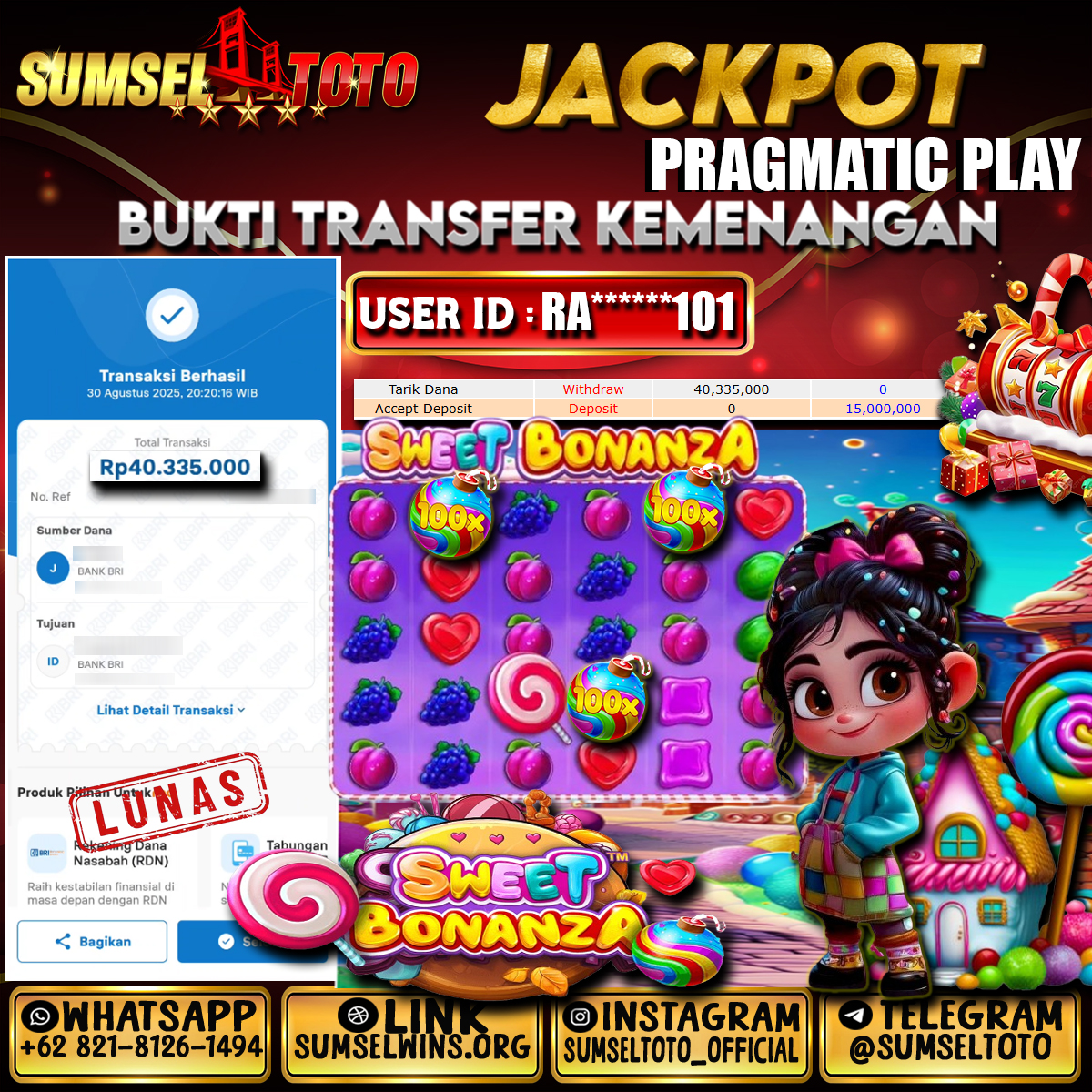 SUMSELTOTO JACKPOT SWEET BONANZA Rp.40.335,000,000.,- LUNAS