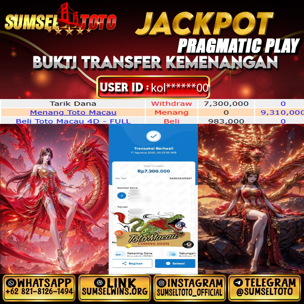 SUMSELTOTO JACKPOT TOTO MACAU 4D Rp.7,300,000.,- LUNAS