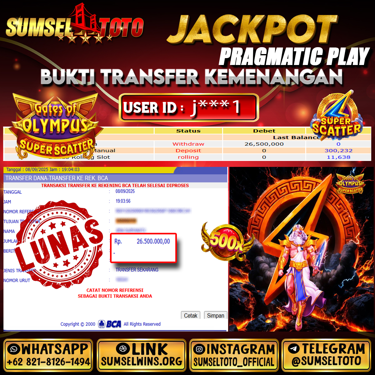 SUMSELTOTO JACKPOT GATES OF OLYMPUS SUPER SCATER Rp.26,500,000.,- LUNAS
