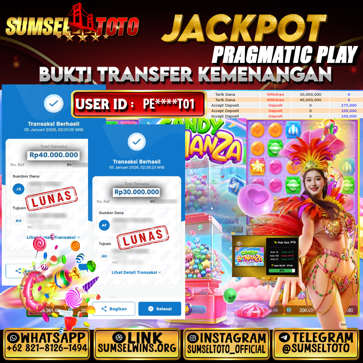 SUMSELTOTO JACKPOT CANDY BONANZA GAMES Rp.70,000,000.,- LUNAS