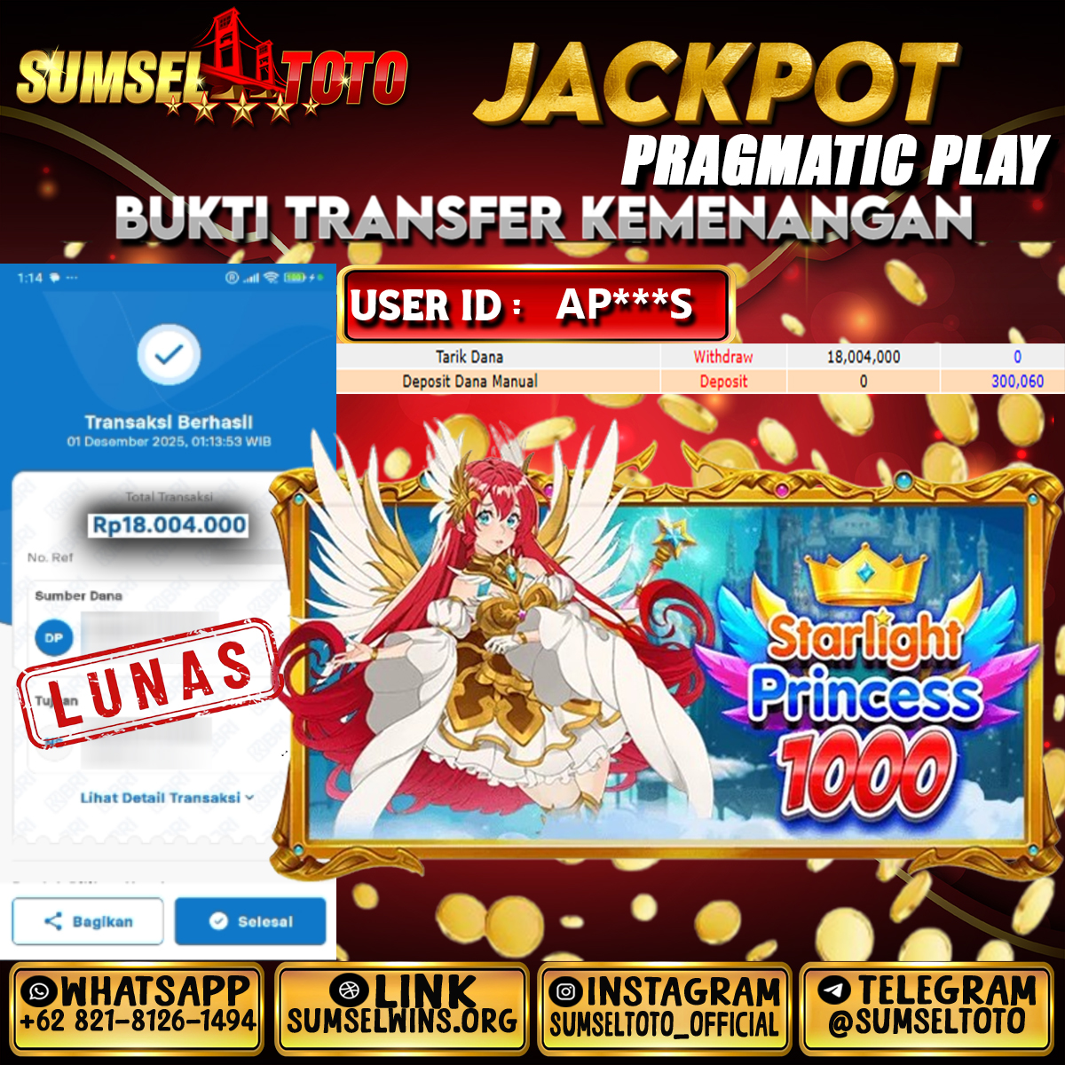 SUMSELTOTO JACKPOT SLOT STARLIGHT PRINCESS 1000 Rp.18,004,000.,- LUNAS