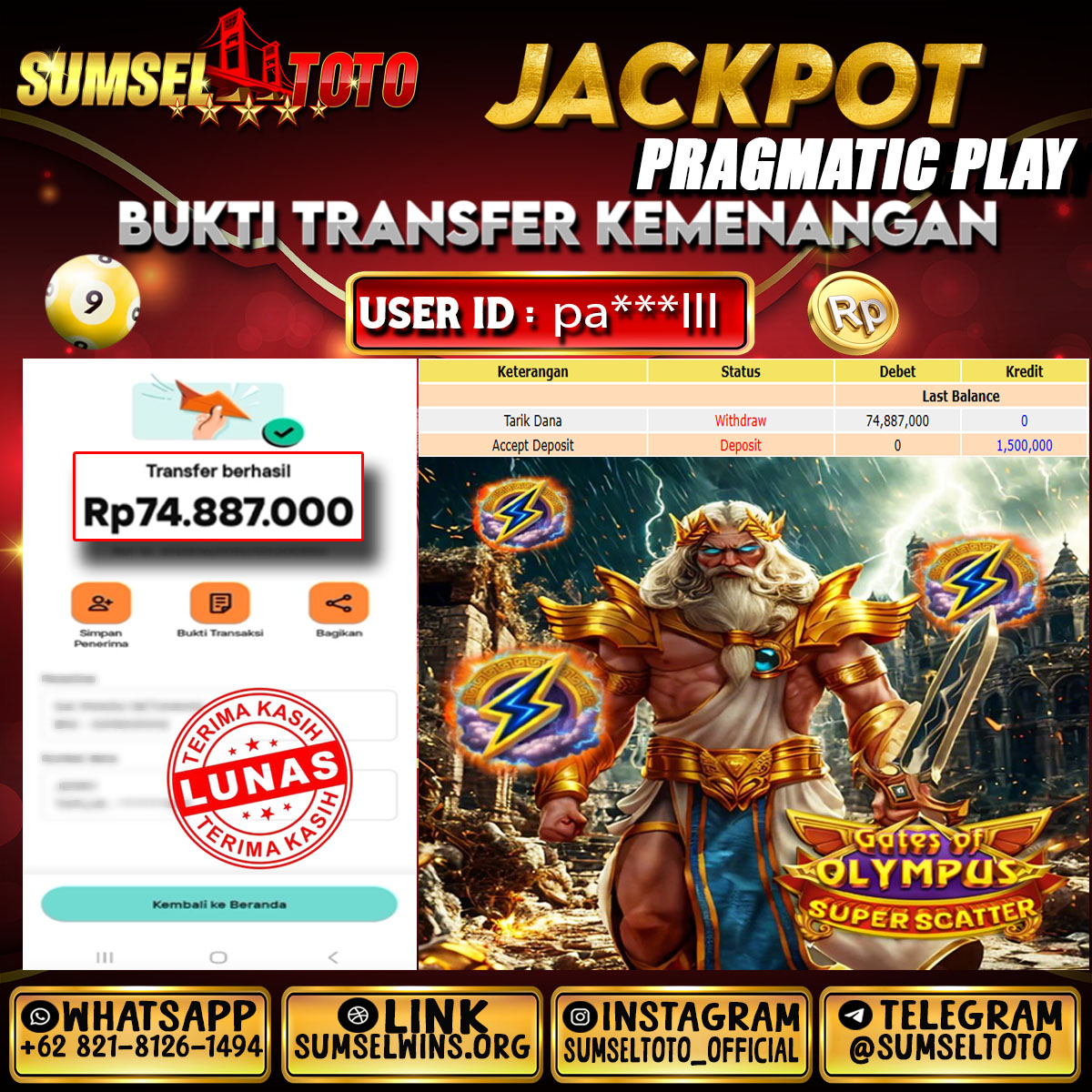 SUMSELTOTO JACKPOT GATES OD OLYMPUS SUPER SCATER Rp.74,887,000.,- LUNAS