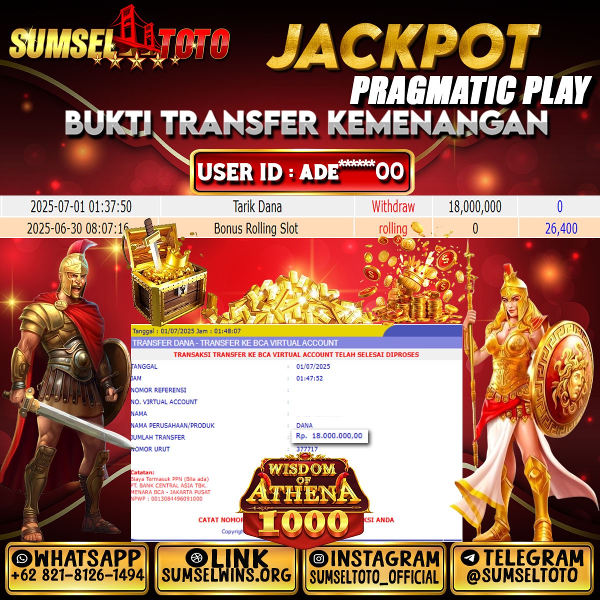 SUMSELTOTO JACKPOT WISDOM OF ATHENA  Rp.18,000,000.,- LUNAS
