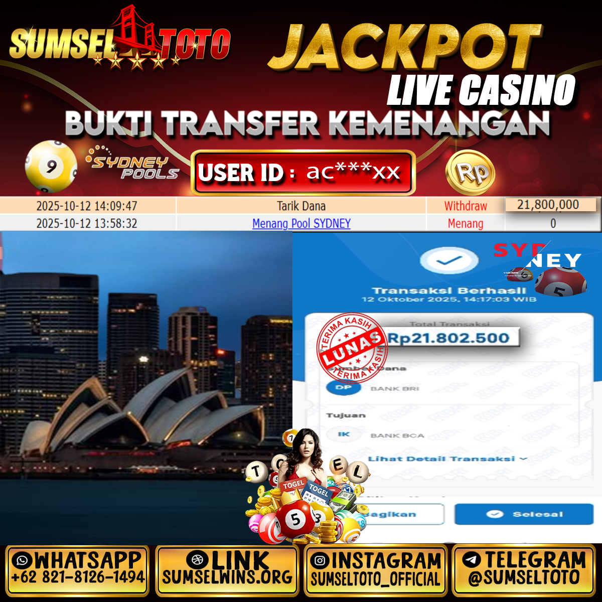 SUMSELTOTO JACKPOT SYDNEY POOLS Rp.21.800.000.,- LUNAS