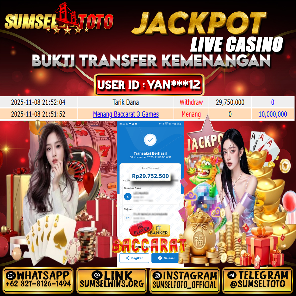 SUMSELTOTO JACKPOT BACCARAT 3 GAMES Rp.29,750,000.,- LUNAS