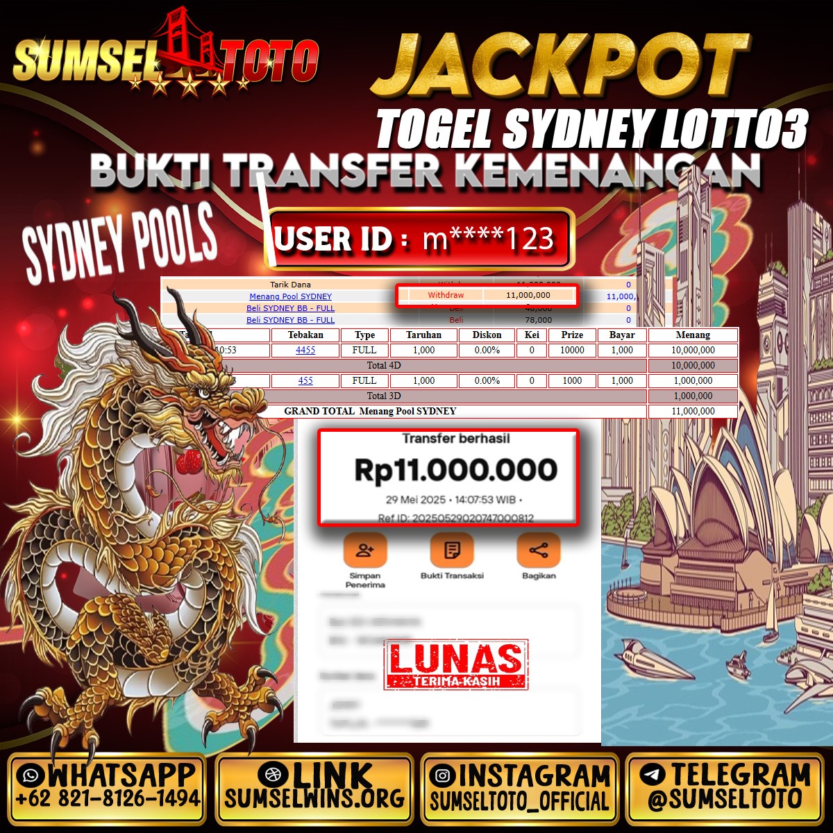 SUMSELTOTO JACKPOT SYDNEY LOTTO Rp.11,000,000.,- LUNAS