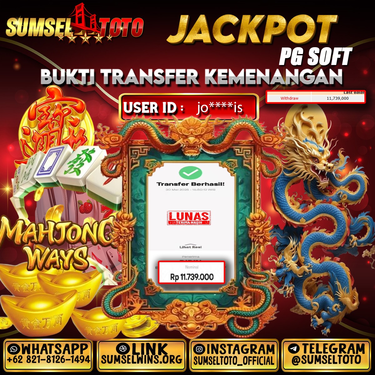 SUMSELTOTO JACKPOT MAHJONG WAYS Rp.11,739,000.,- LUNAS