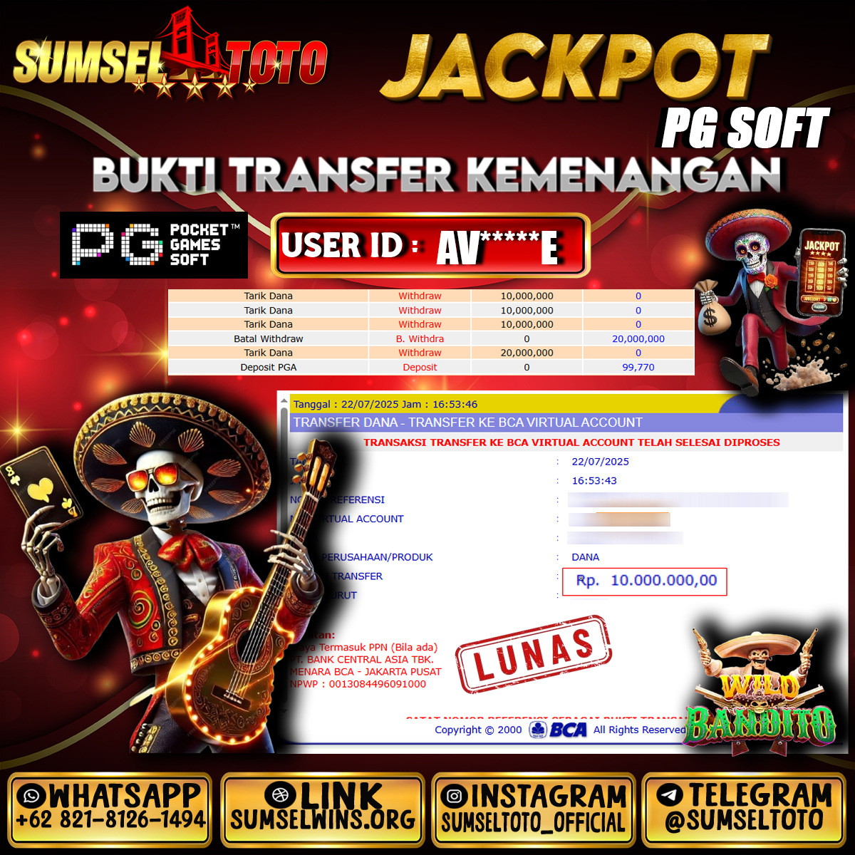 SUMSELTOTO JACKPOT SLOT WILD BANDITO Rp.10,000,000.,- LUNAS