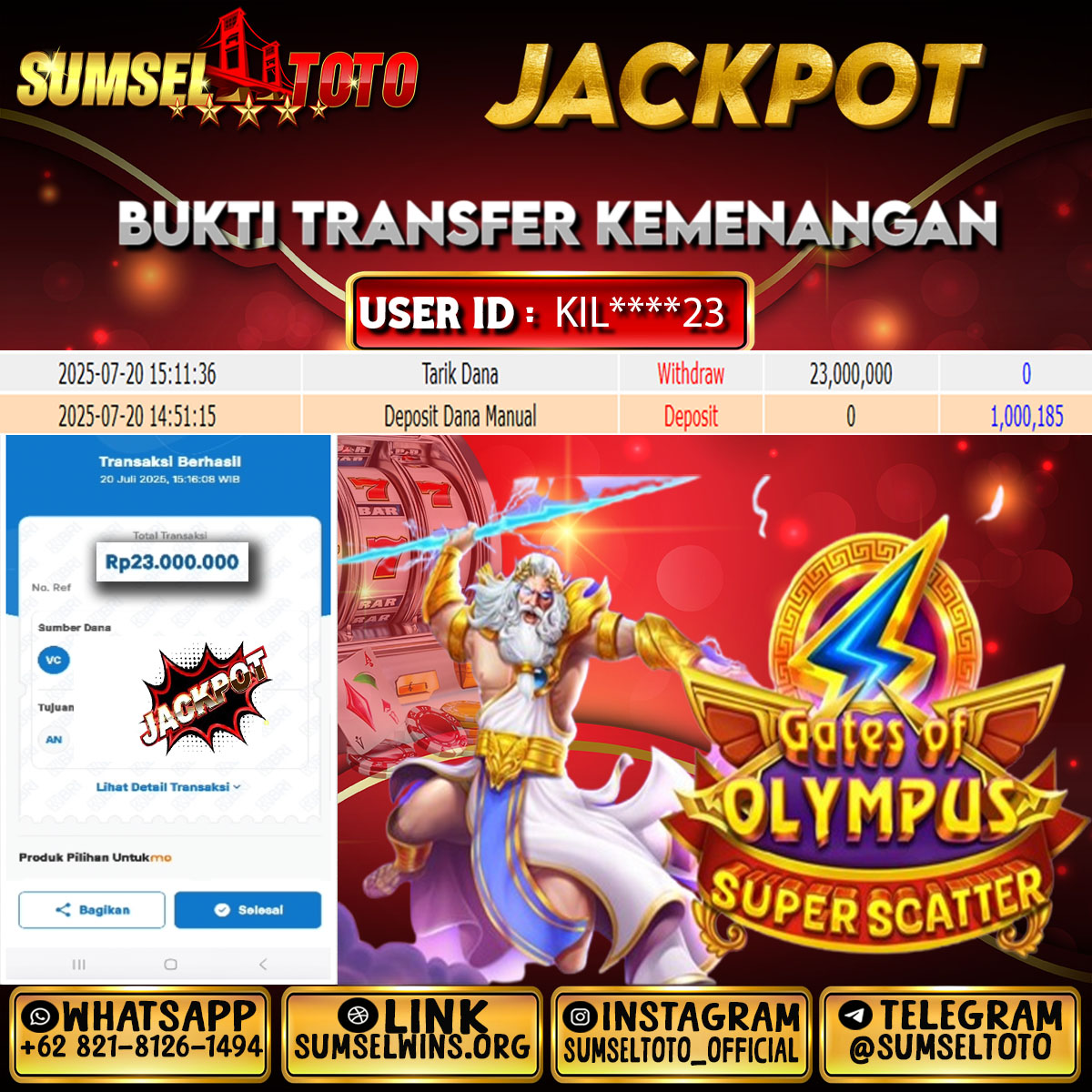 SUMSELTOTO JACKPOT GATES OF OLYMPUS SUPER SCATTER Rp.23,000,000.,- LUNAS