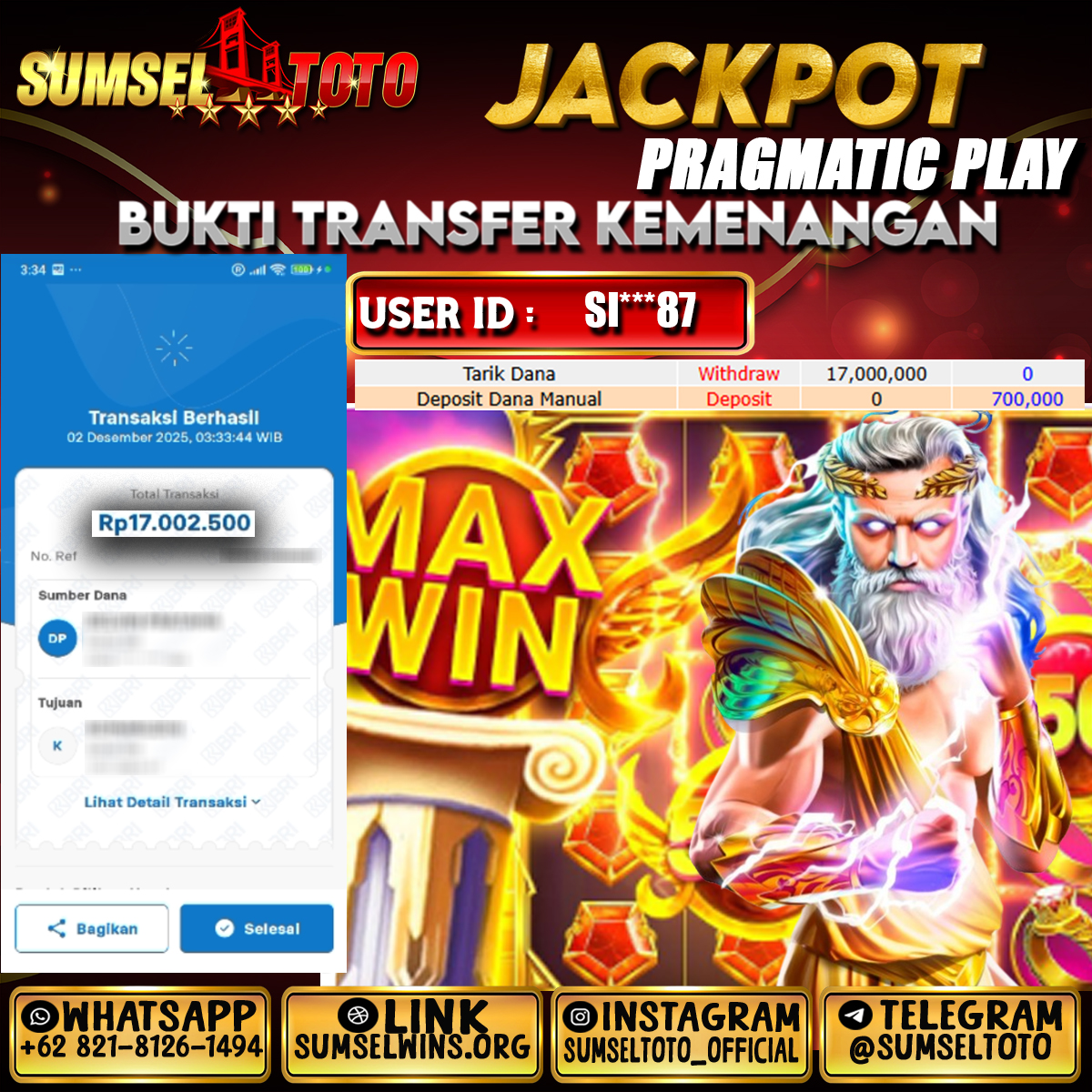 SUMSELTOTO JACKPOT SLOT GATES OF OLYMPUS 1000 Rp.17,000,000.,- LUNAS