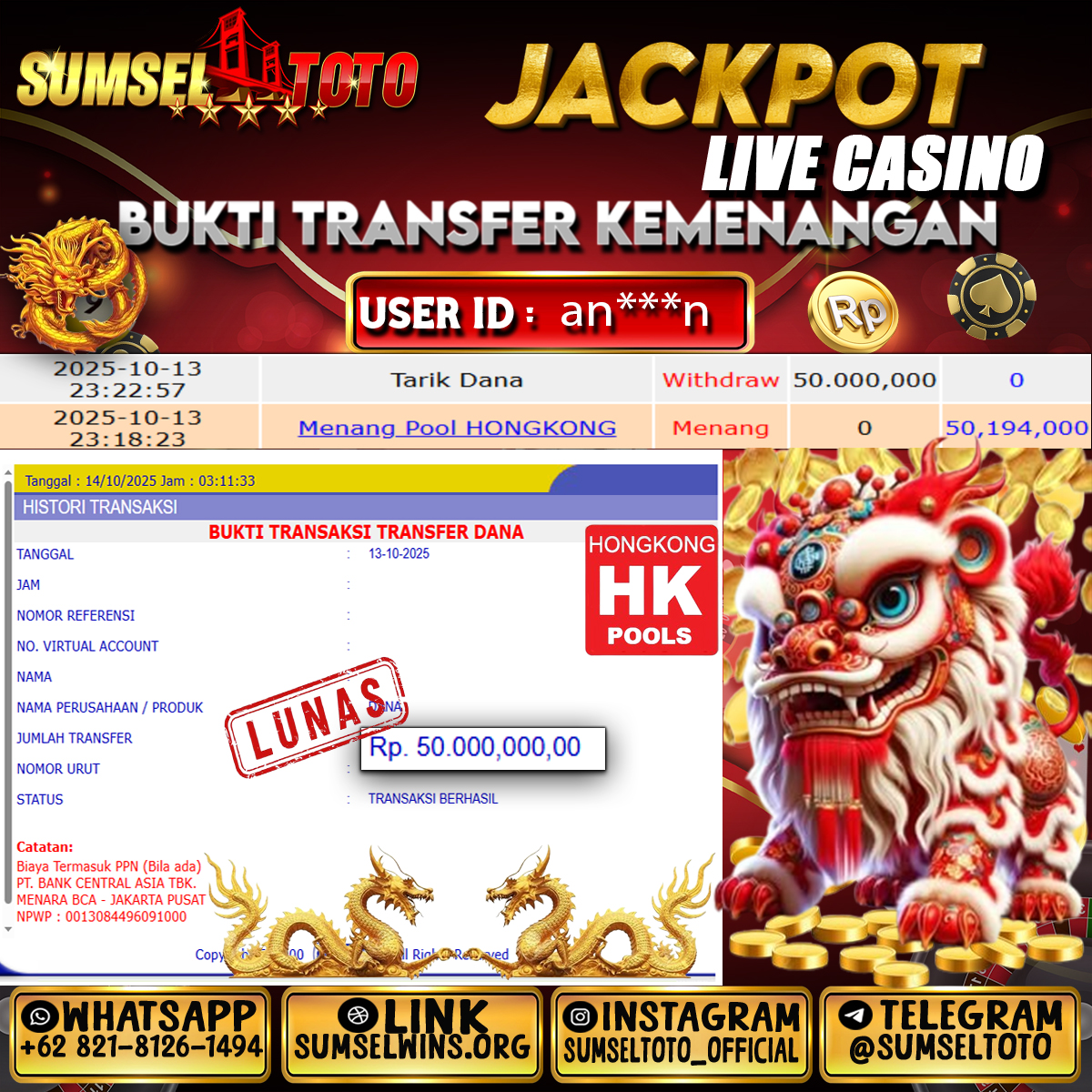 SUMSELTOTO JACKPOT HONGKONG POOLS Rp.50.000.000.,- LUNAS