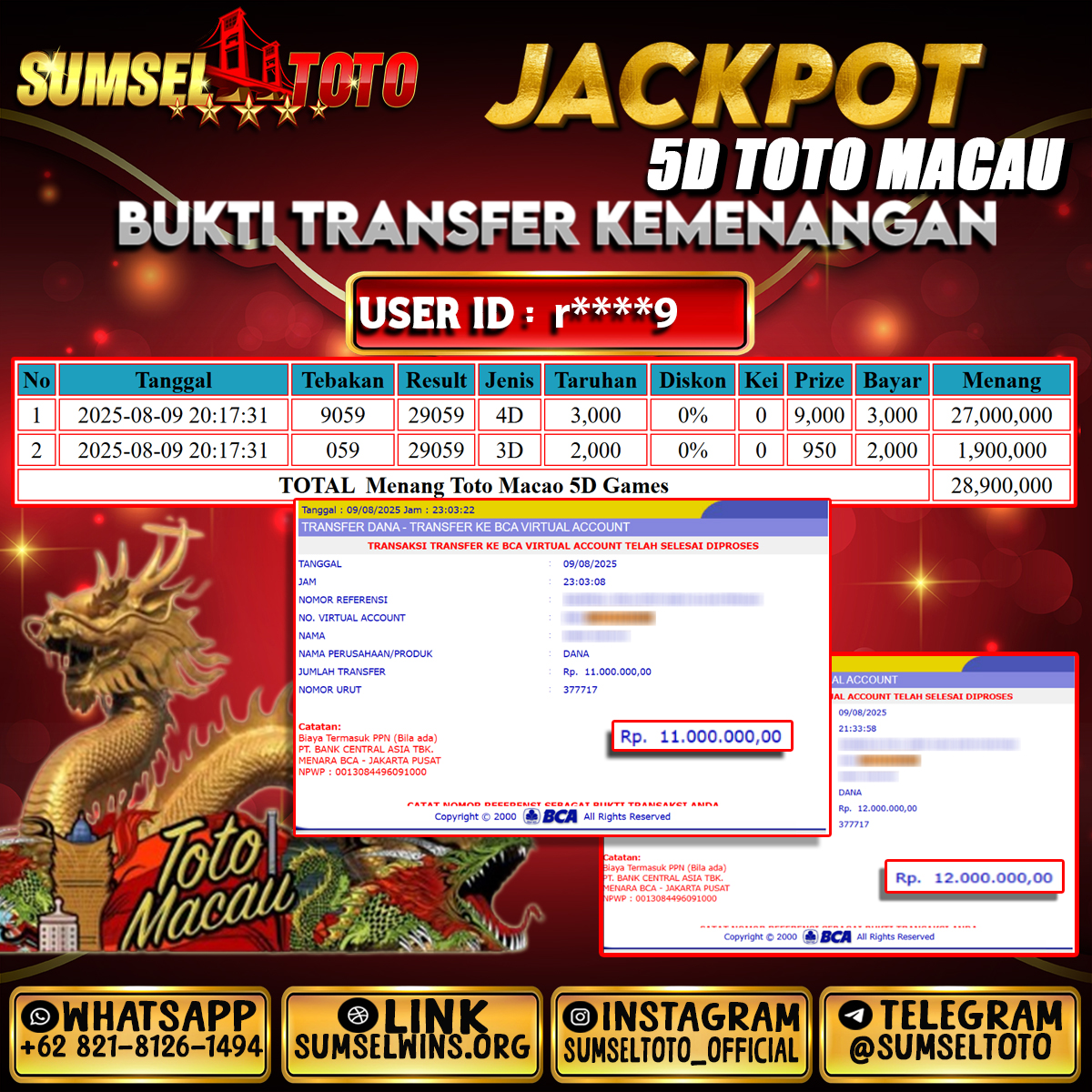SUMSELTOTO JACKPOT 5D TOTO MACAU 4D Rp.23,000,000.,- LUNAS