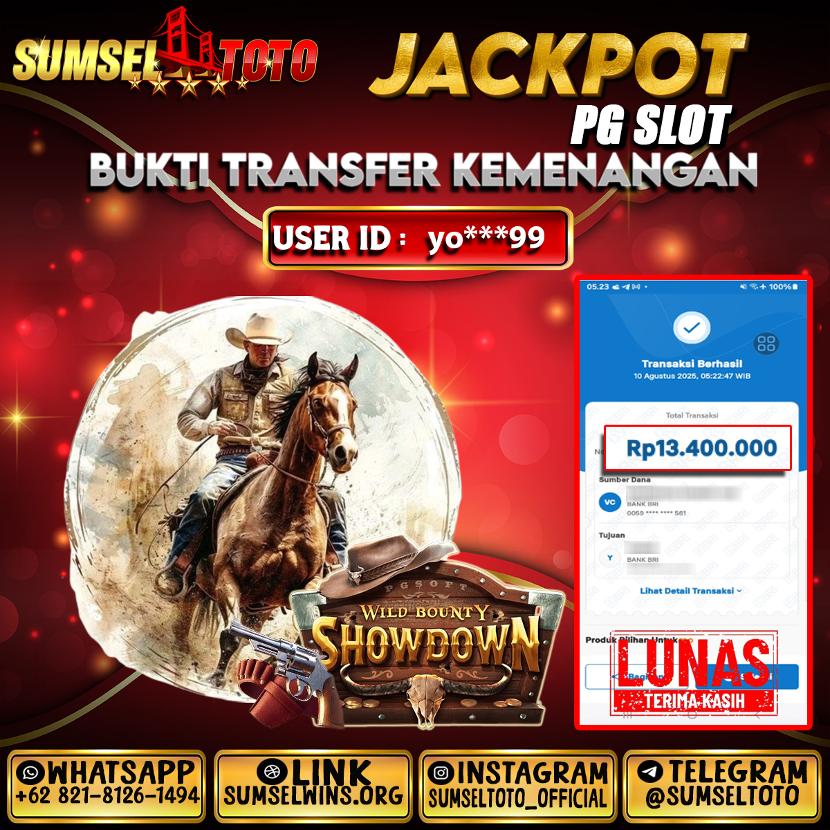 SUMSELTOTO JACKPOT BOUNTY SHOWDOWN Rp.13,400,000.,- LUNAS