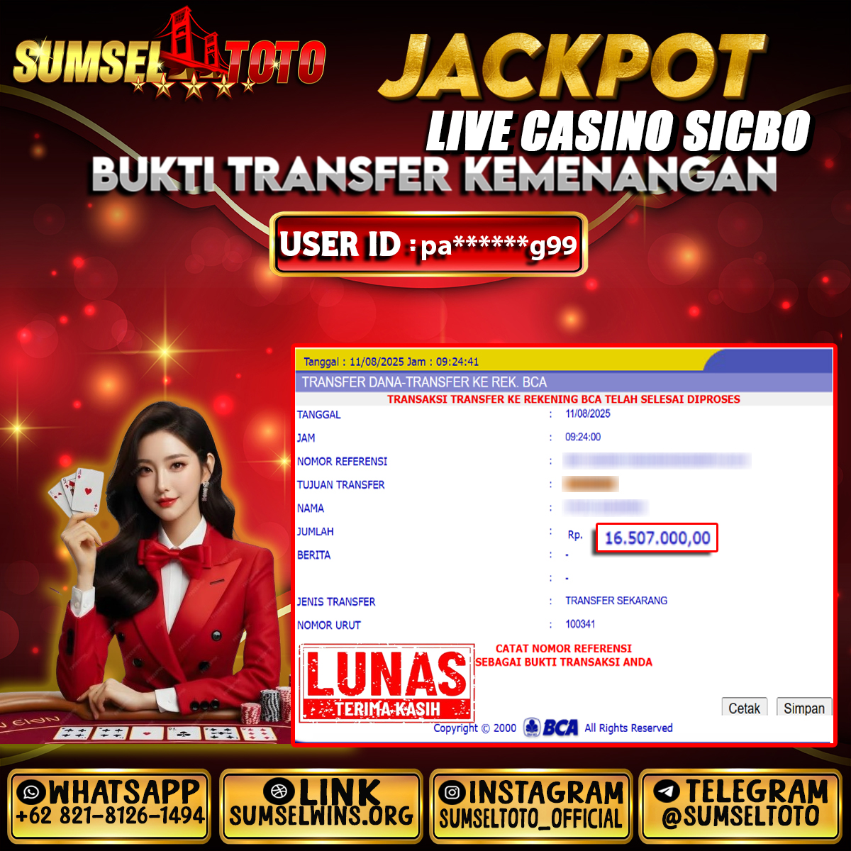 SUMSELTOTO JACKPOT LIVE CASINO SICBO Rp.16,507,000.,- LUNAS