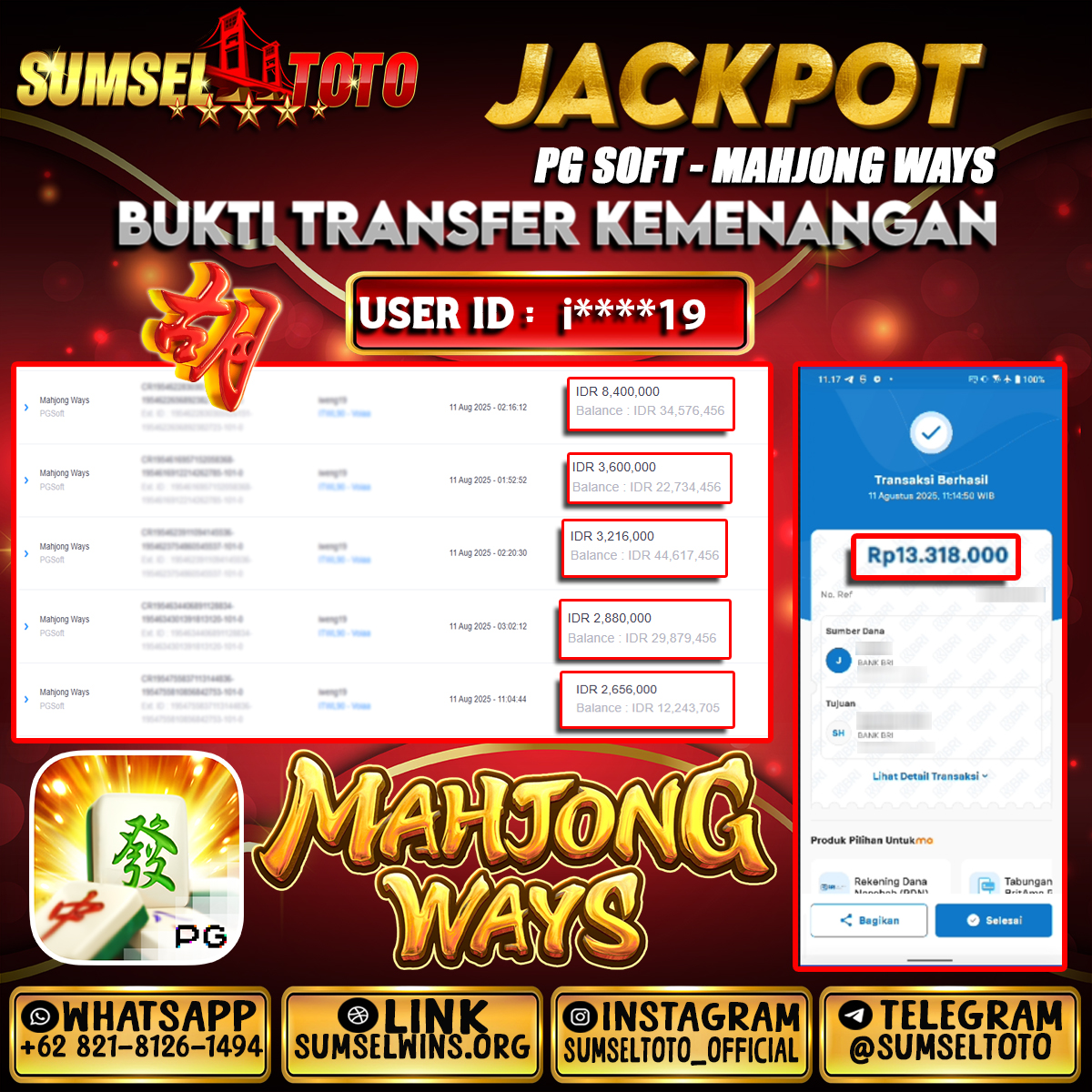 SUMSELTOTO JACKPOT MAHJONG WAYS Rp.13,318,000.,- LUNAS