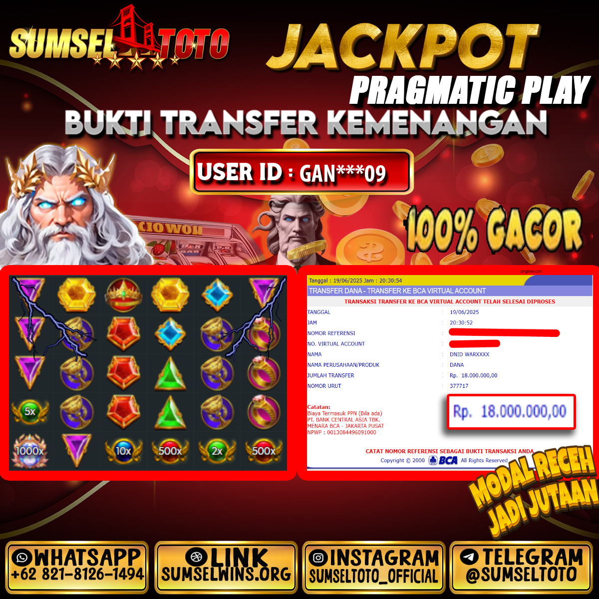 SUMSELTOTO JACKPOT SLOT GATES OF OLYMPUS X1000 Rp.18,000,000.,- LUNAS