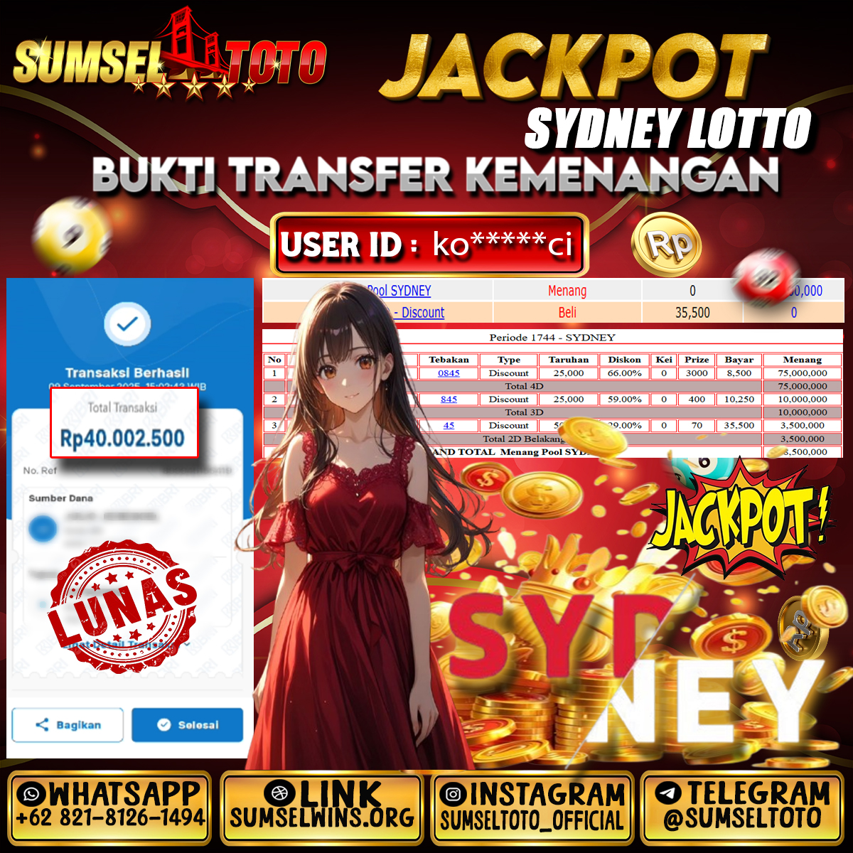 SUMSELTOTO JACKPOT SYDNEY LOTTO  Rp.40,000,000.,- LUNAS