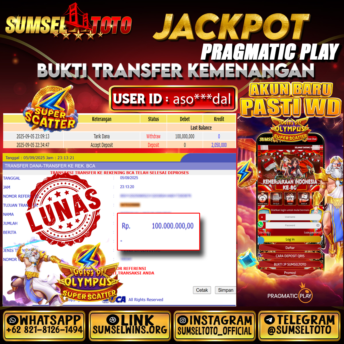 SUMSELTOTO JACKPOT GATES OF OLYMPUS SUPER SCATTER Rp.100,000,000.,- LUNAS