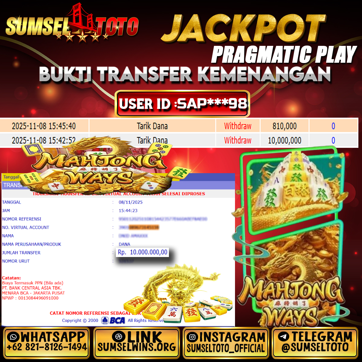 SUMSELTOTO JACKPOT MAHJONG WAYS 2 Rp.10,000,000.,- LUNAS