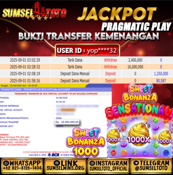 SUMSELTOTO JACKPOT SWEET BONANZA  Rp.16,000,000.,- LUNAS