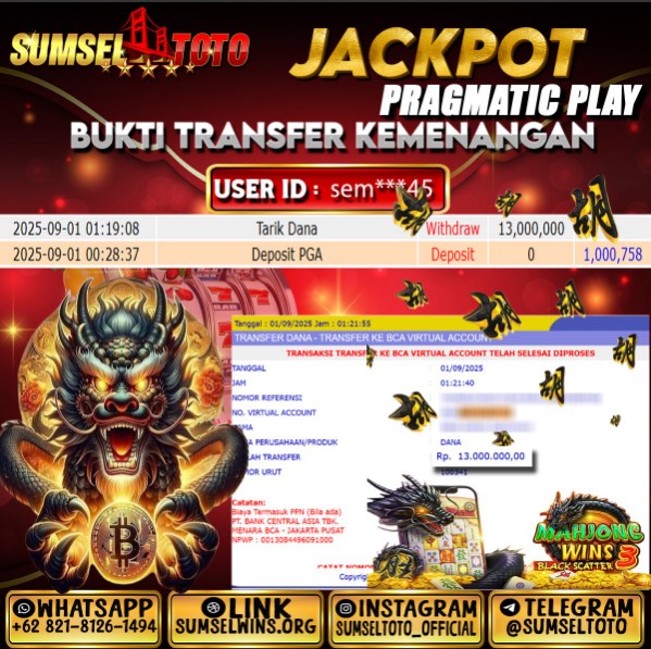SUMSELTOTO JACKPOT MAHJONG WINS 3 Rp.13,000,000.,- LUNAS