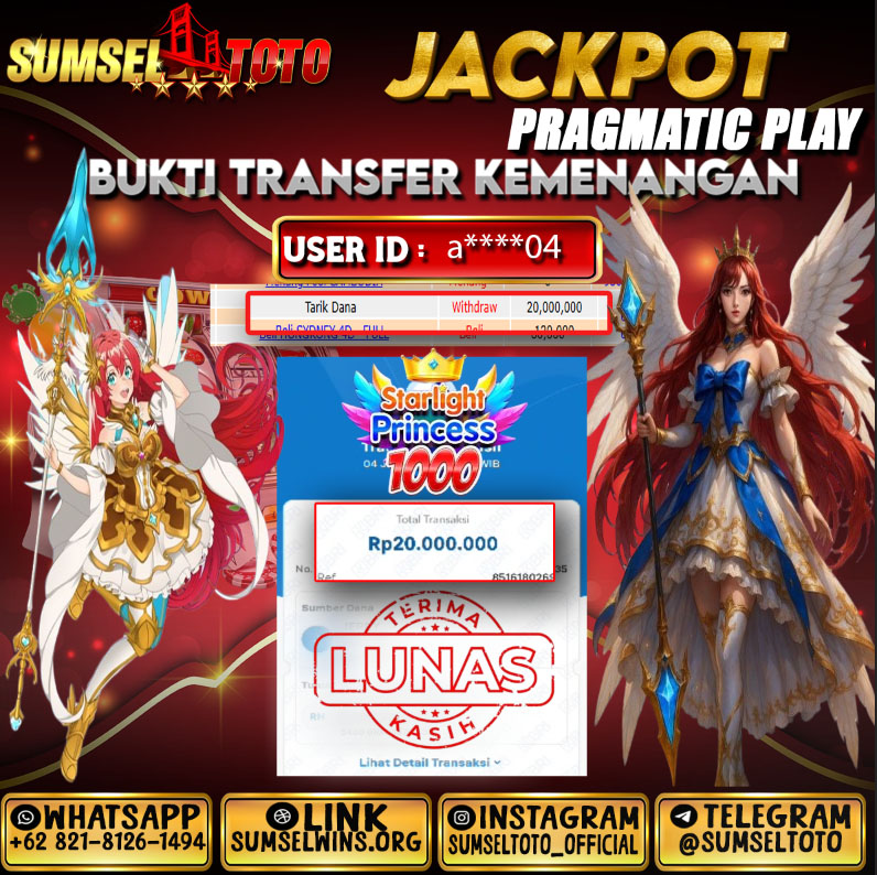 SUMSELTOTO JACKPOT STARLIGHT PRINCESS 1000 Rp.20,000,000.,- LUNAS