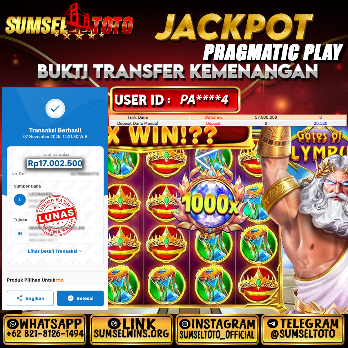 SUMSELTOTO GATE OF OLYMPUS Rp.17.000.000,- LUNAS