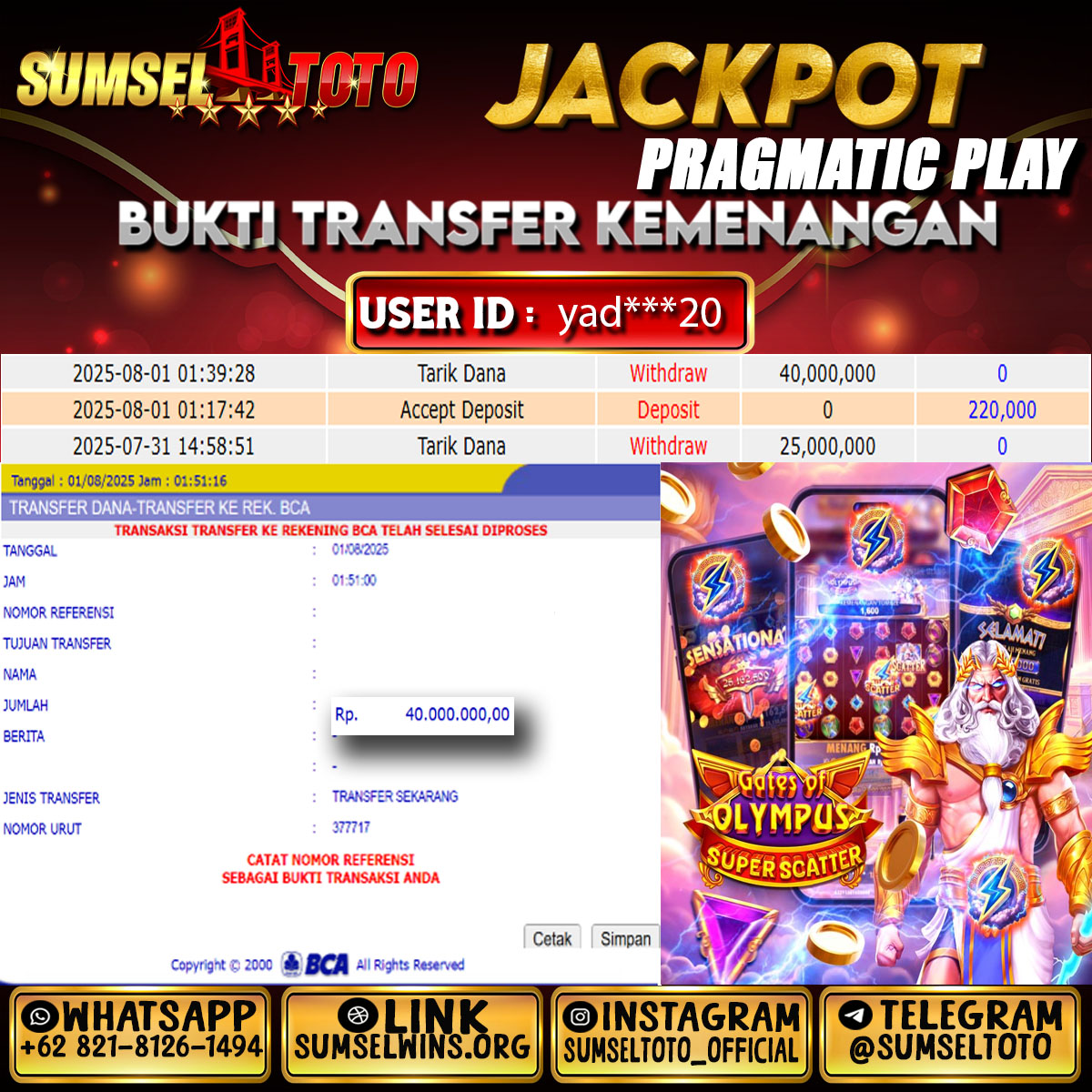 SUMSELTOTO JACKPOT GATES OF OLYMPUS SUPERSCATTER Rp.40,000,000.,- LUNAS