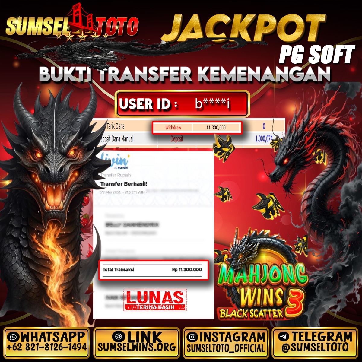 SUMSELTOTO JACKPOT MAHJONG WINS 3 BLACK SCATTER Rp.11,300,000.,- LUNAS