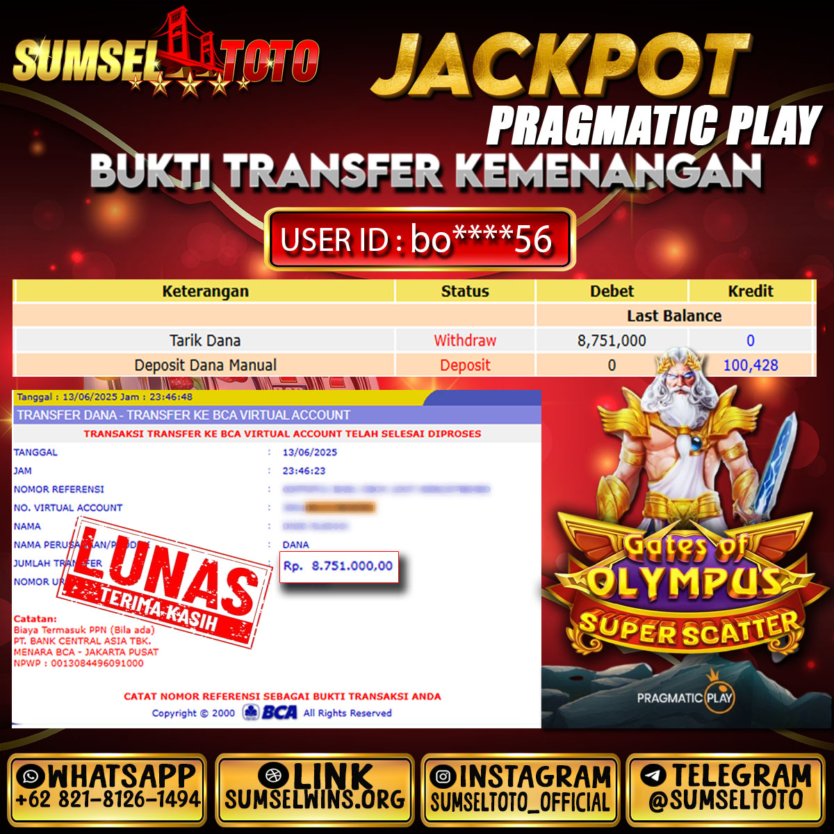 SUMSELTOTO JACKPOT GATE OF OLYMPUS SUPER SCATER Rp.8,751,000.,- LUNAS