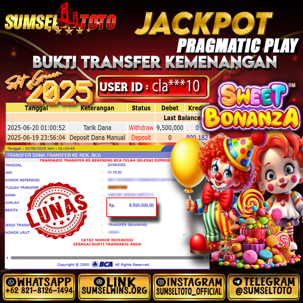 SUMSELTOTO JACKPOT SWEET BONANZA Rp.20,000,000.,- LUNAS